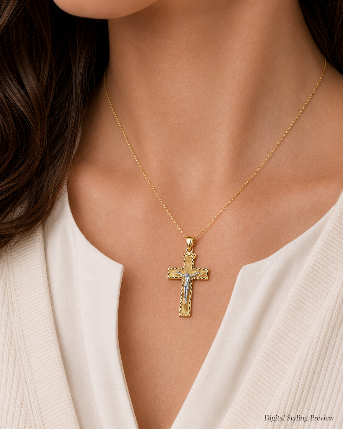 14K Two-Tone Gold Textured Crucifix Pendant