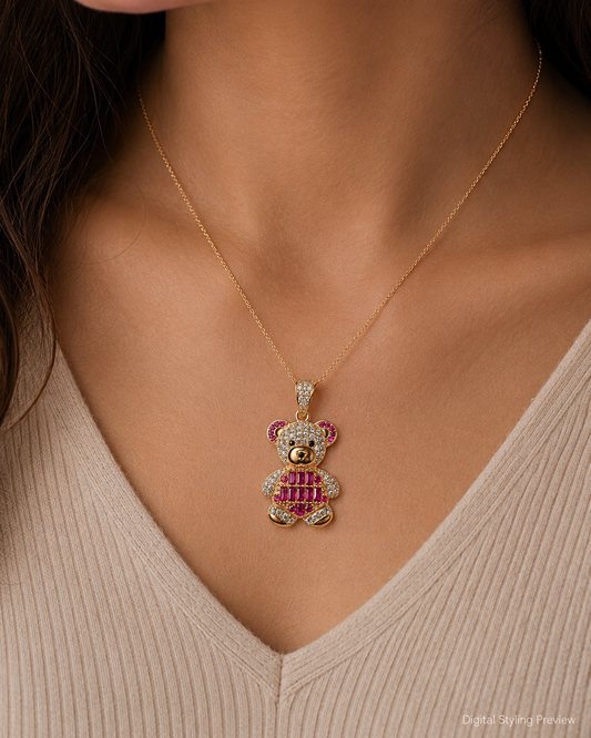 14K Yellow Gold Pink and Purple Teddy Bear Pendant