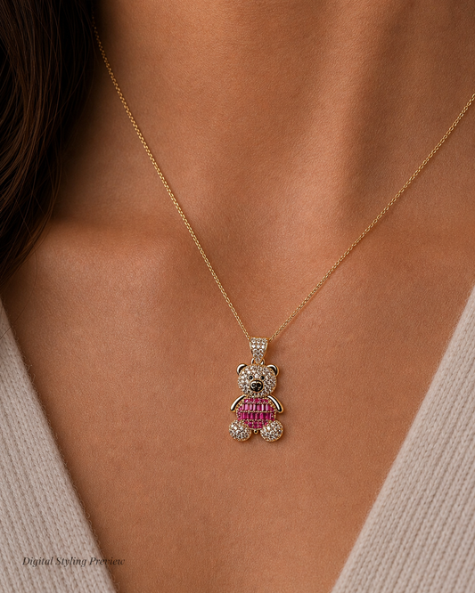 14K Yellow Gold Pink Dress Teddy Bear Pendant