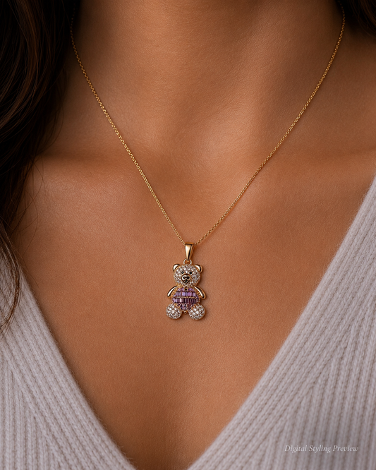 14K Yellow Gold Purple Dress Teddy Bear Pendant