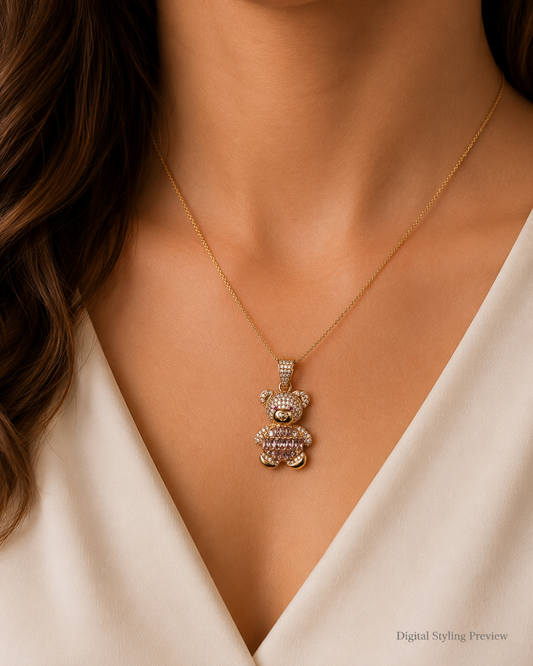 14K Yellow Gold Pavé Teddy Bear Pendant