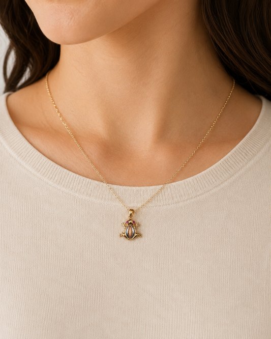 14K Tri-Color Gold Frog Pendant with Pink Eyes