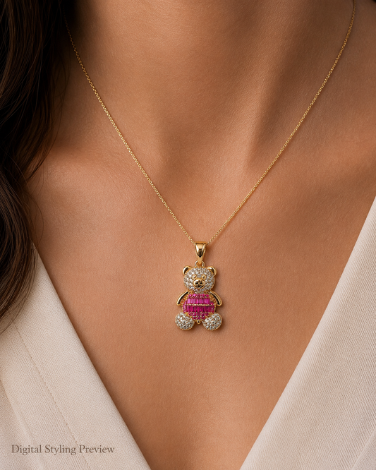 14K Yellow Gold Petite Pink Teddy Bear Pendant