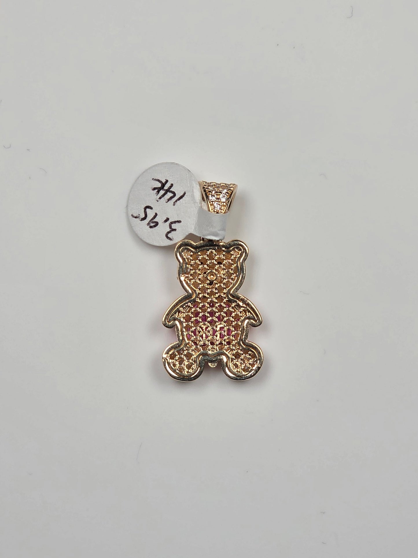 14K Yellow Gold Pink Dress Teddy Bear Pendant