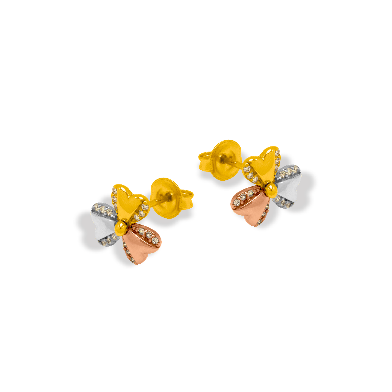 14K Gold Fancy Flower CZ Stud Earrings - Aretes 14K de Oro Flores