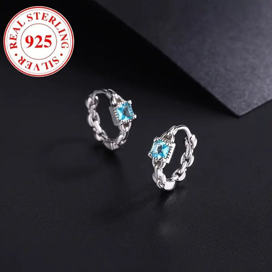 Aretes de aro de lujo de plata de ley 925 con piedras sintéticas de zafiro azul