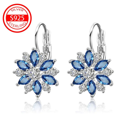 Pendientes de Aro S925 Plateado Azul Blanco Copo de Nieve con Hebilla, Lujo Ligero, Flores de Invierno Exquisitas