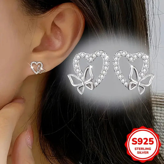 Pendientes en Forma de Corazón con Diseño de Mariposa Hueca, Plata Esterlina S925, Circonita Sintética