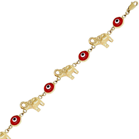Hollow Elephant Resin Evil Eye Lady Bracelet 7"+1" CZ Yellow Gold 14k