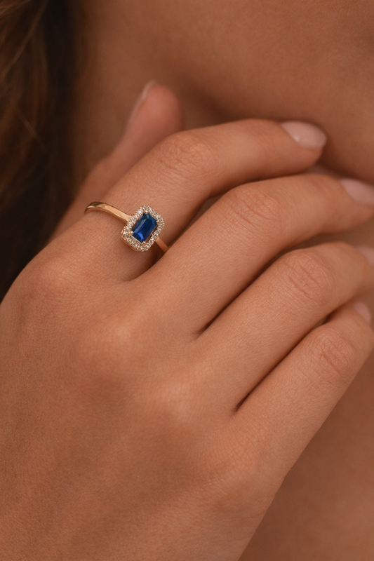 14K Gold Emerald-Cut Blue CZ Halo Ring - Anillo Oro 14k Solido #7.5