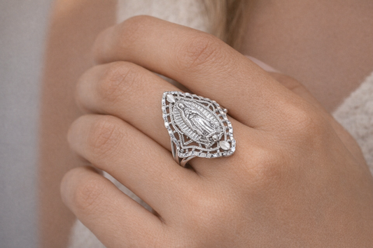 Silver Rhodium Plated Diamond Cut Filigree Guadalupe Ring