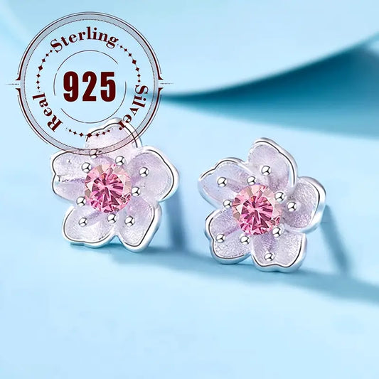 Pendientes de Moda de Circonio con Flor de Cerezo en Plata Pura 925