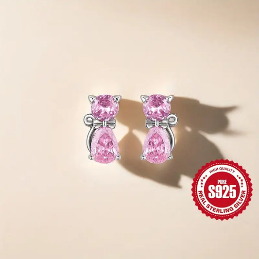 Pendientes de Gato con Corbata de Lazo en Plata de Ley 925 con Circonita Rosa, Moda Bohemia Dulce