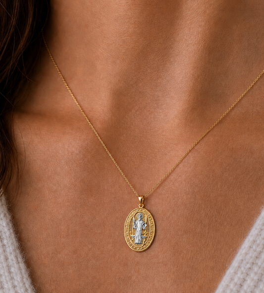 14K Gold Saint Benedict Oval Pendant - Dige San Benito 14k