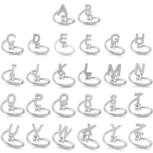 Anillos de letras Ajustable delicado para mujer anillo con inicial de CZ de Plata de Ley 925