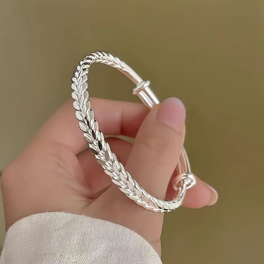 Pulsera Ajustable de Plata de Ley S999 con Patrón de Trigo para Niñas, Acabado Brillante de Color Sólido
