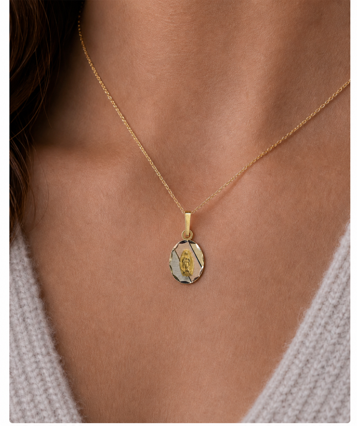 14K Gold Two-Tone Virgen de Guadalupe Faceted Oval Pendant