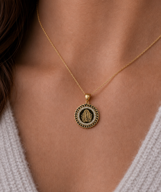 14K Gold Virgen de Guadalupe Large Pendant with Clear Stone Halo