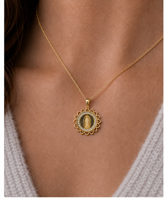 14K Gold Virgen de Guadalupe Floral Pendant with Clear Stone Halo