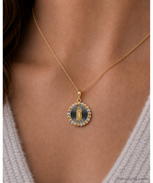 14K Gold Tri-Tone Virgen de Guadalupe Round Textured Pendant