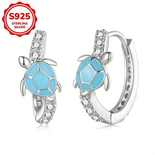 Pendientes de Tortuga Azul Ágil y Lindos de Plata 925, Adornos de Oreja Elegantes y Exquisitos