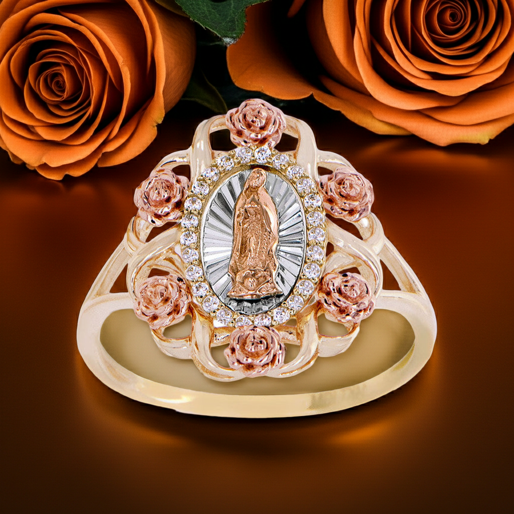 Guadalupe Rose Oval Lady Ring CZ Tricolor Gold 14k Size 8