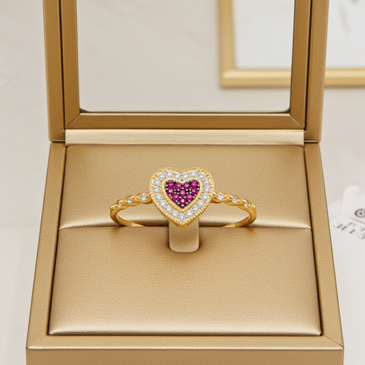 Small Heart LadyRing Red CZ Yellow Gold 14k Size 8