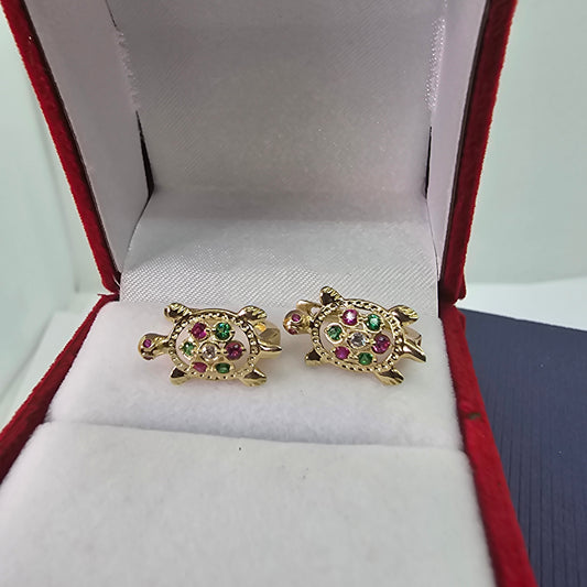 Small Turtle Huggies Earring Multi Color CZ 14k Yellow Gold