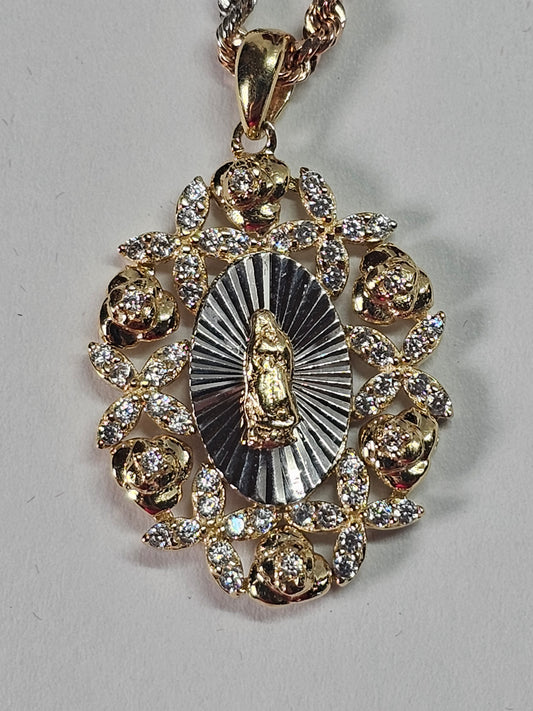 Virgin Guadalupe Pendant CZ Yellow and White Gold 14k