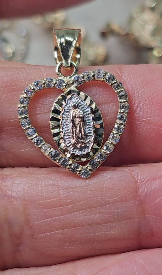 14K Gold Heart Virgin Mary Pendant - Dige Virgen de Guadalupe Corazón Oro 14K