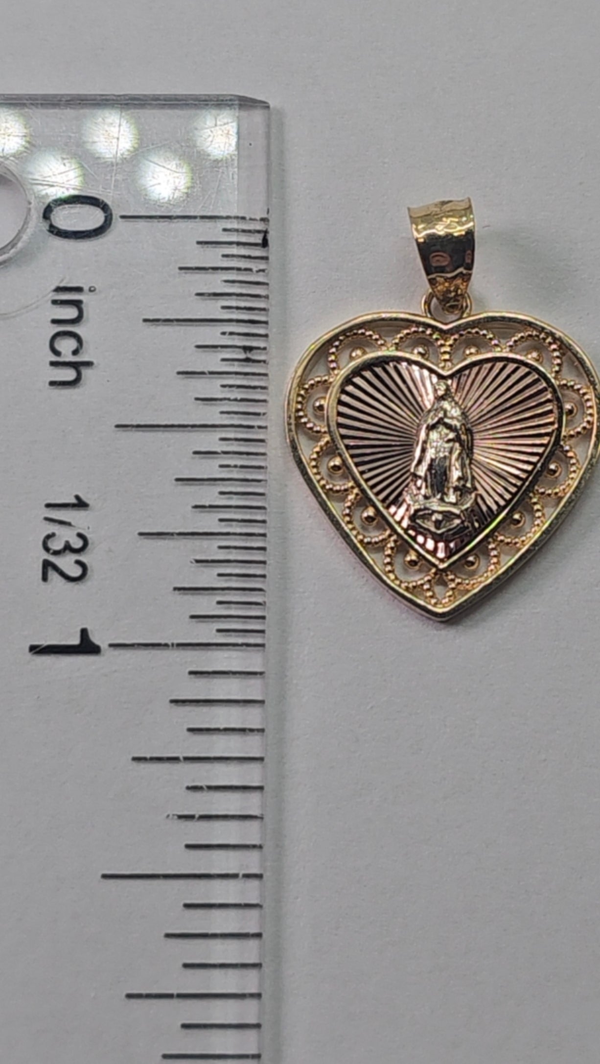 14K Gold Heart Virgin Mary Pendant - Dige Virgen de Guadalupe Corazón Oro 14K