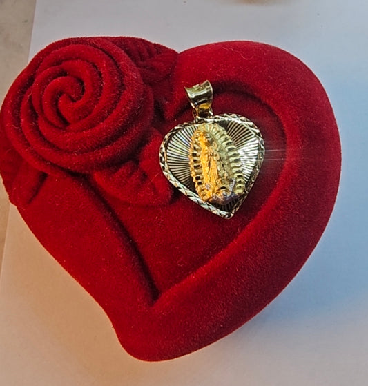 14K Gold Heart Virgin Mary Pendant - Medalla Corazón Virgen de Guadalupe Oro 14K