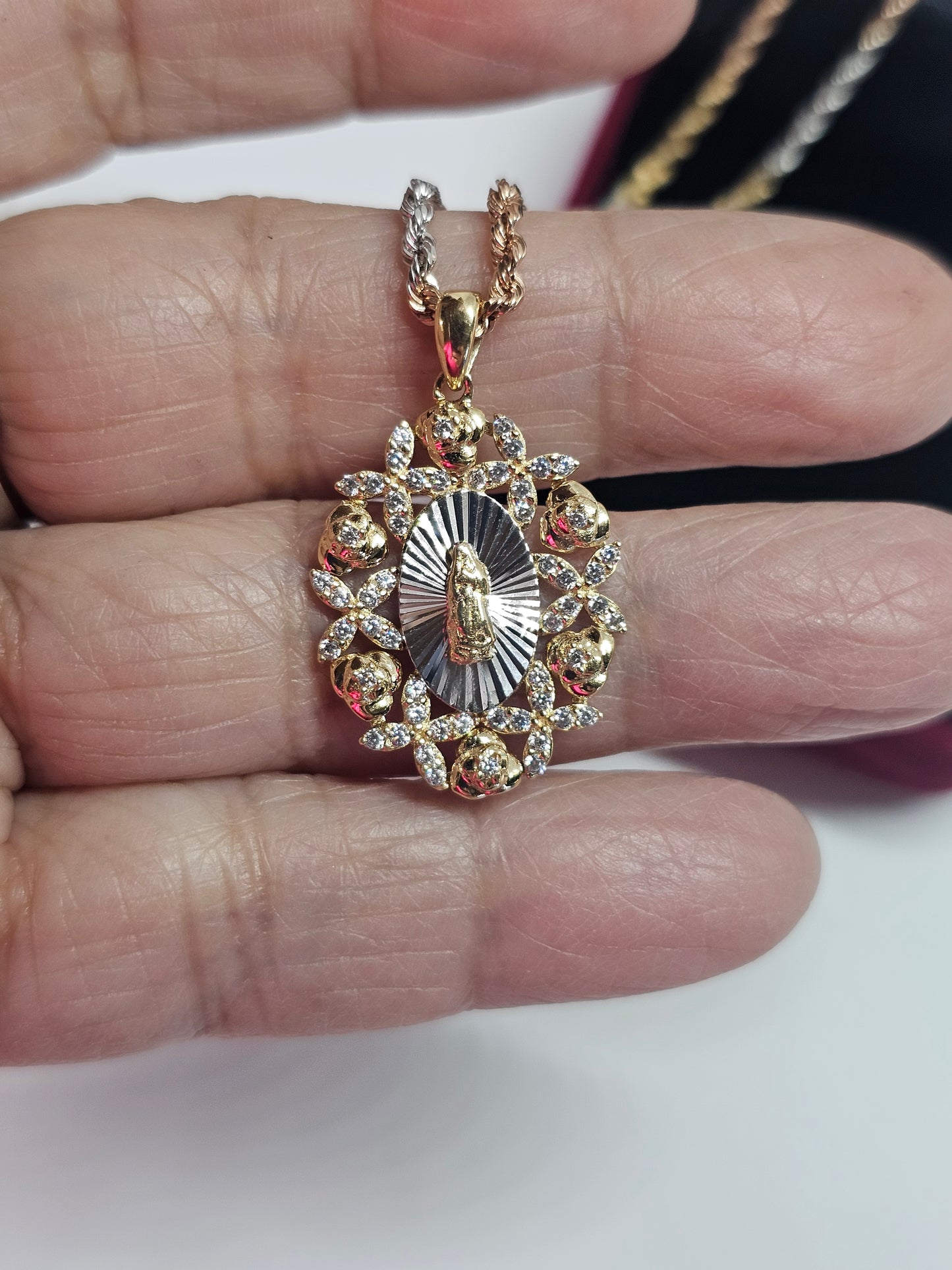 Virgin Guadalupe Pendant CZ Yellow and White Gold 14k