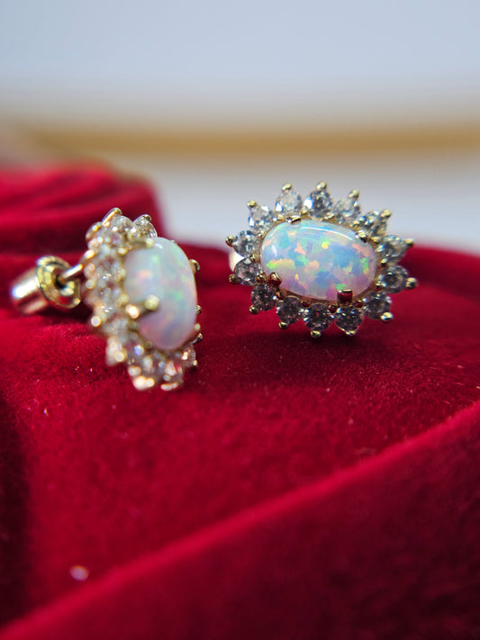 14k REAL GOLD Flower Opal CZ Stud Earrings