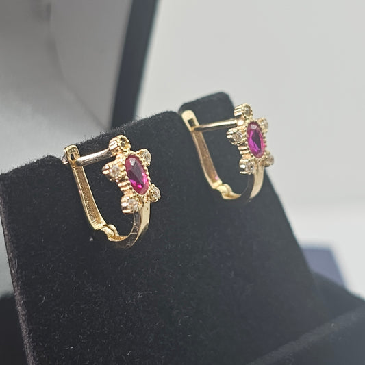 Small Turtle Huggies Earring Red CZ 14k Yellow Gold