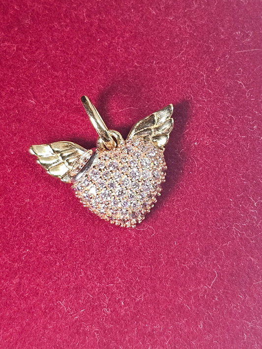 Corazón 14k Oro Cubic Zirconia Rosa Con Alas