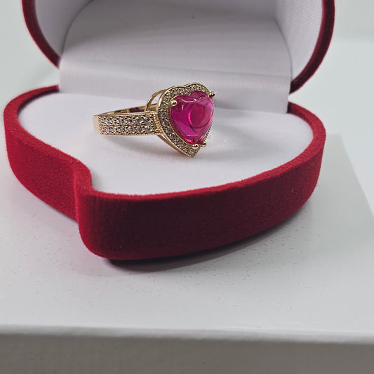 Anillo 14k Oro Amarillo Corazón Rosa
