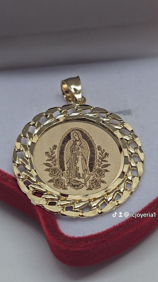 14K Gold Virgin of Guadalupe Round Medallion Pendant
