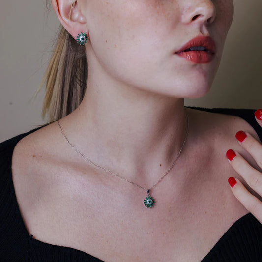 Conjuntos de circonitas de girasol con circonita Verde chapada en rodio de plata 925