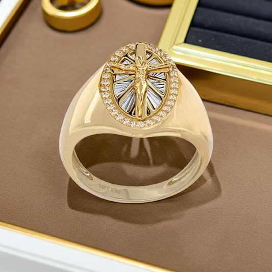 14K Gold Religious Crucifix Men Ring CZ