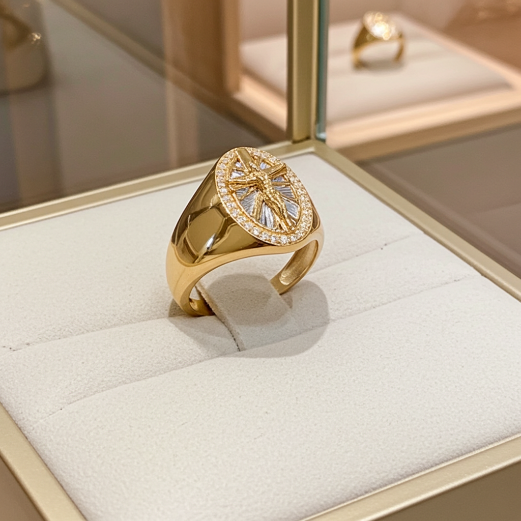 14K Gold Religious Crucifix Men Ring CZ