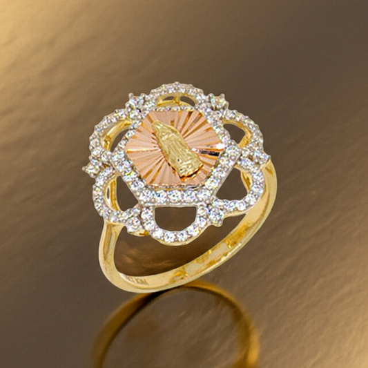 14K Tricolor Gold Guadalupe Lady Ring Cubic Zirconia