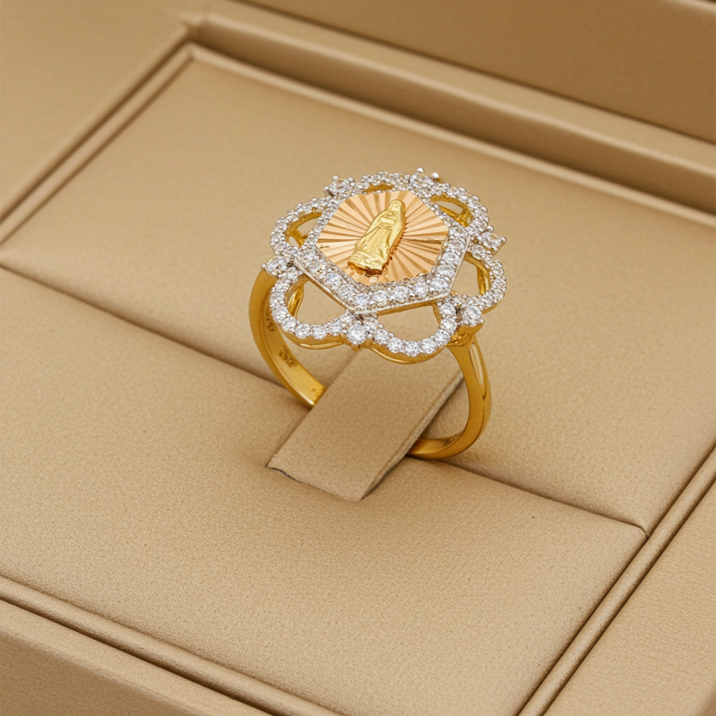 14K Tricolor Gold Guadalupe Lady Ring Cubic Zirconia