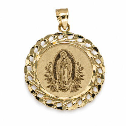 14K Gold Virgin of Guadalupe Round Medallion Pendant