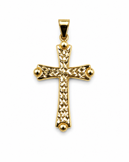 14K Yellow Gold Diamond-Cut Cross Pendant with Beaded Accents