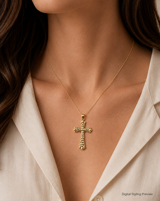 14K Yellow Gold Diamond-Cut Cross Pendant with Beaded Accents