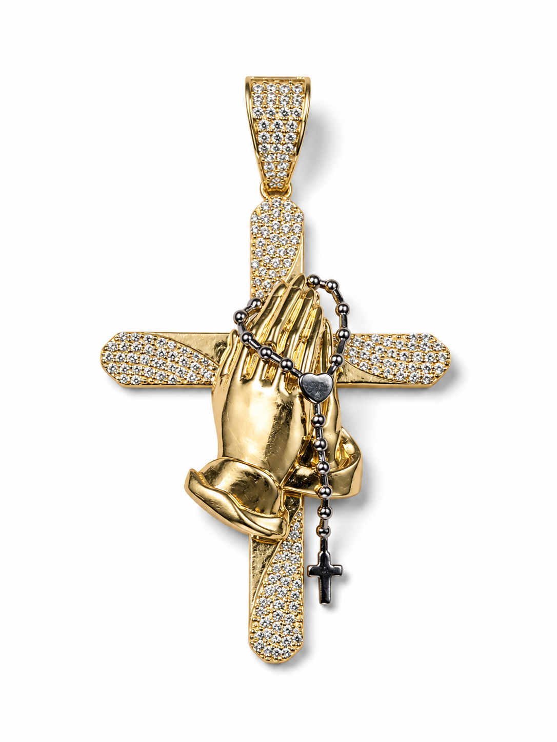 14K Yellow Gold Praying Hands Cross Pendant with Rosary and Clear Stones