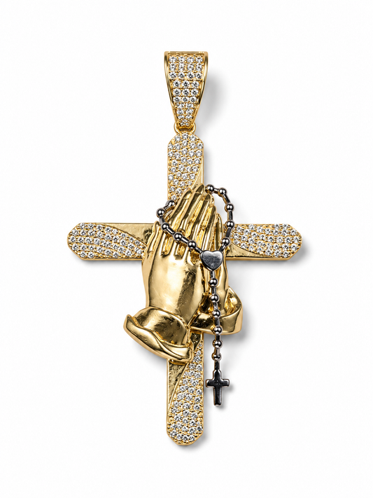 14K Yellow Gold Praying Hands Cross Pendant with Rosary and Clear Stones