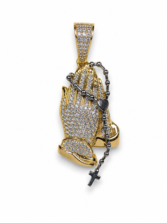 14K Yellow Gold Praying Hands Pendant with Rosary and Clear Stones