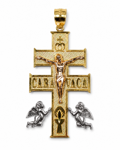 10K Two-Tone Gold Caravaca Crucifix Pendant with Angels